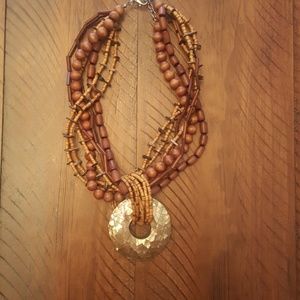 Multi Strand Wood bead Necklace with Pendant